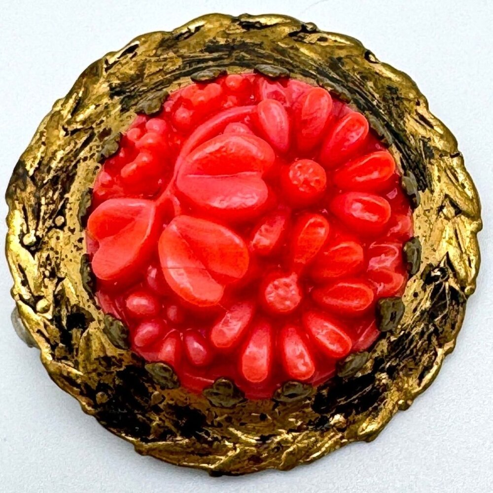 Coral Celluloid Brass Brooch Pin Floral Design Estate Antique Victorian Carved